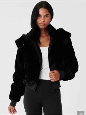 ALO Yoga Fox Fur Foxy Black Hooded Bomber Jacket